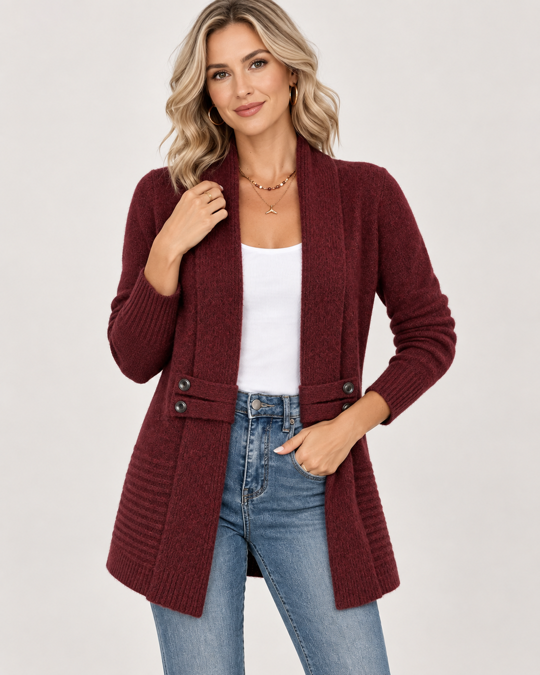 Cardigan lungo in morbido knit con bottoni decorativi