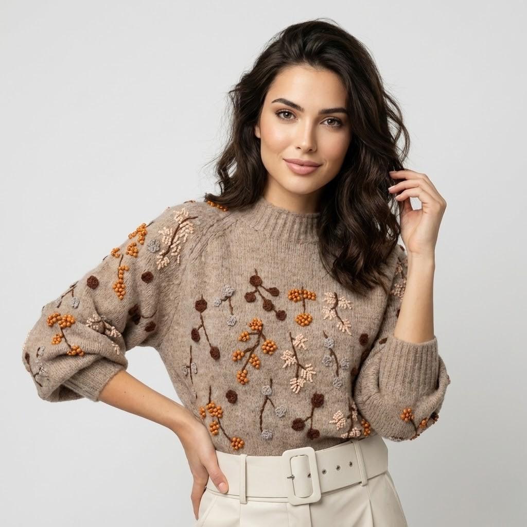 Maglione strutturato morbido con ricamo floreale fatto a mano