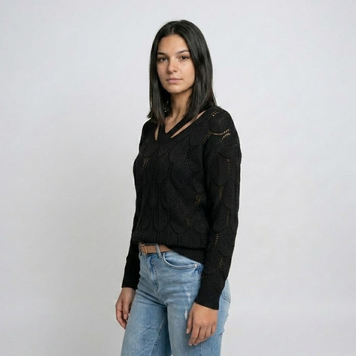 Maglione in misto poliestere ed elastan con scollatura a V