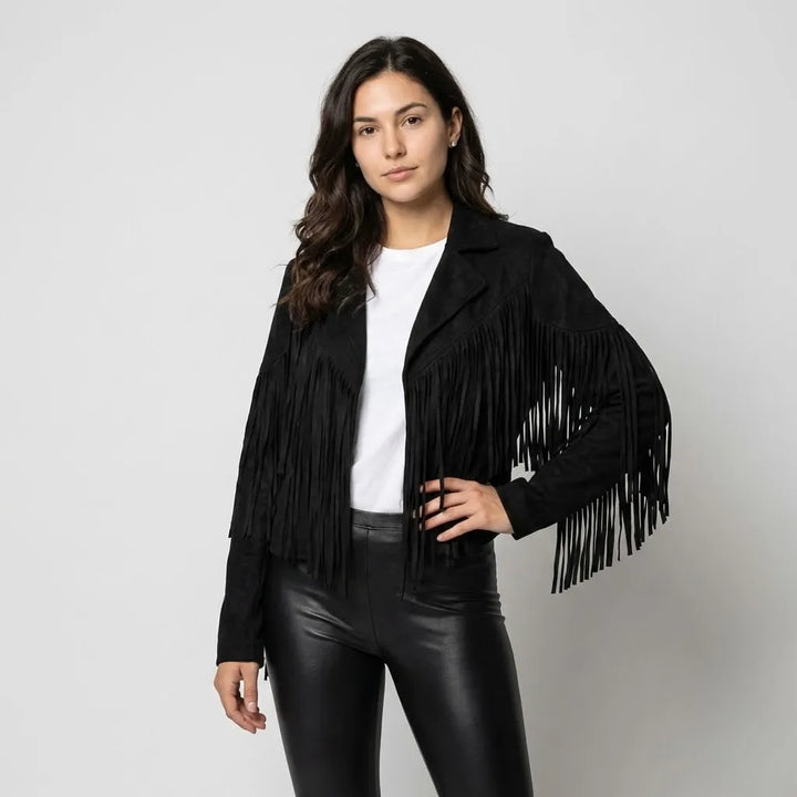 Giacca corta strutturata con aspetto scamosciato e frange in stile boho