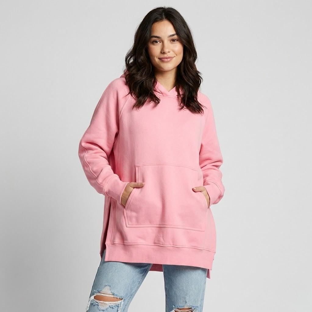 Felpa lunga oversize con cappuccio e spacchi laterali