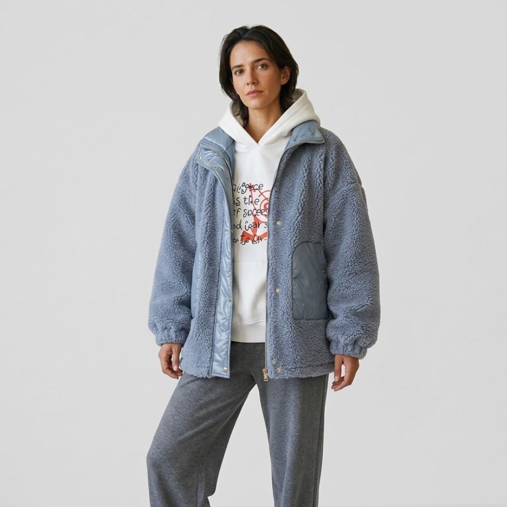 Cappotto teddy oversize in poliestere con chiusura frontale e grandi tasche