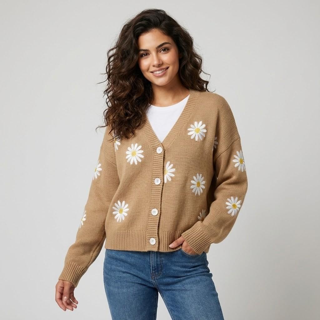 Cardigan lavorato a maglia in misto cotone e acrilico con bottoni e motivo floreale