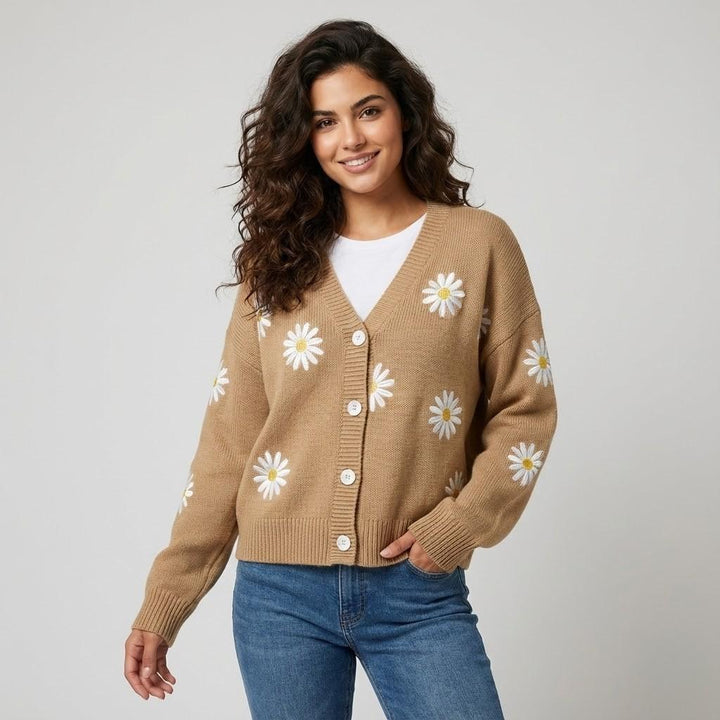 Cardigan lavorato a maglia in misto cotone e acrilico con bottoni e motivo floreale