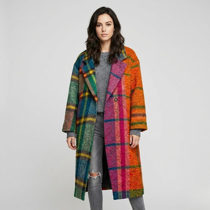Cappotto lungo in lana dritto con un motivo a quadri marcato