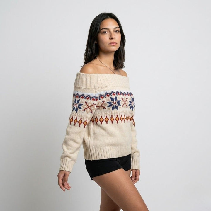 Maglione in misto acrilico e poliestere con spalle scoperte e motivo nordico