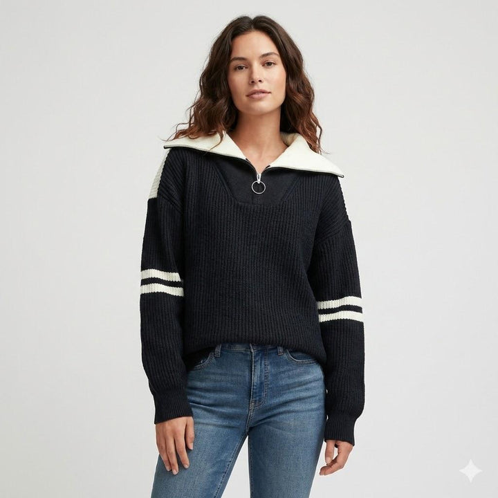 Maglione a coste con colletto a contrasto e zip a metà