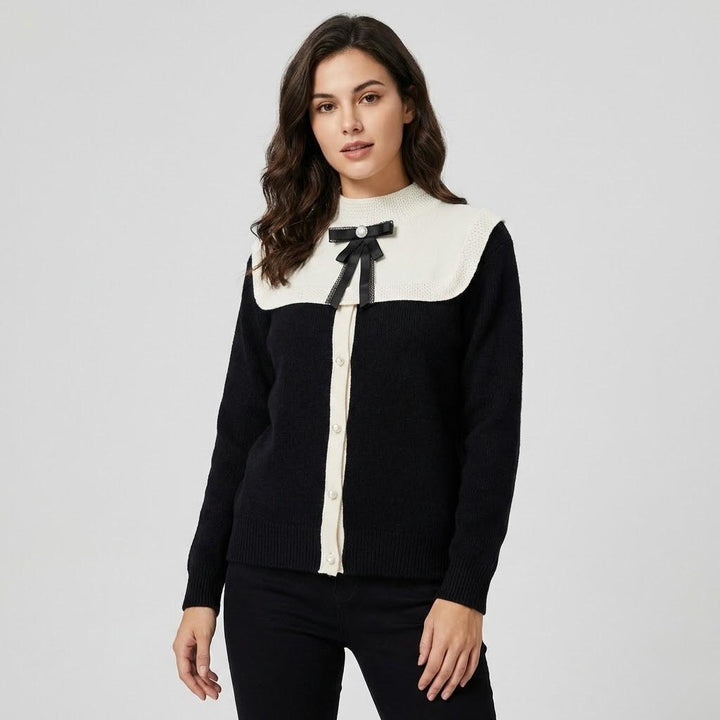 Maglione elegante lavorato a maglia con colletto a contrasto e fiocco decorativo