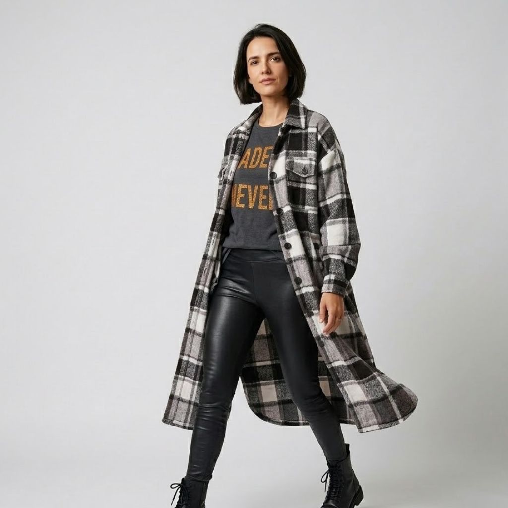 Cappotto lungo in poliestere con un motivo a quadri distintivo