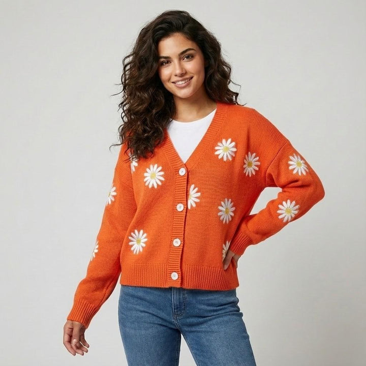 Cardigan lavorato a maglia in misto cotone e acrilico con bottoni e motivo floreale