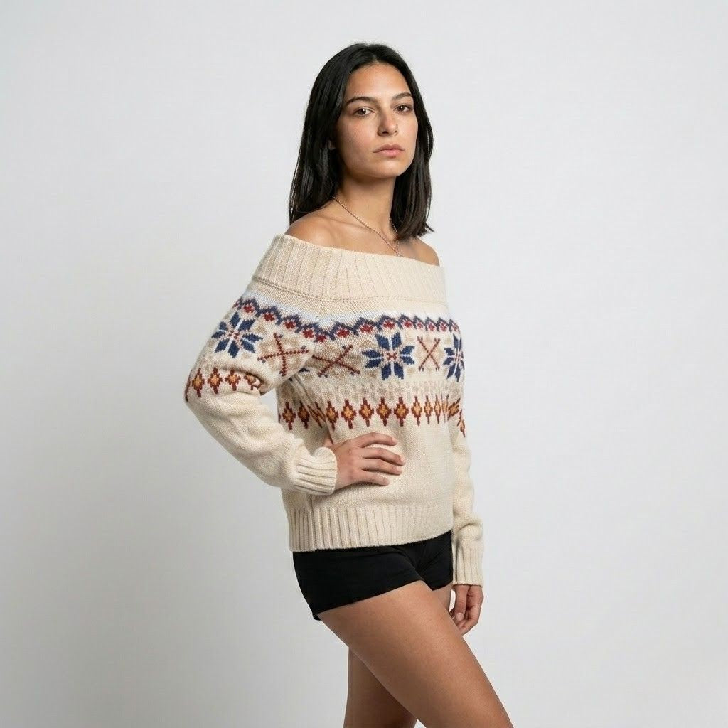 Maglione in misto acrilico e poliestere con spalle scoperte e motivo nordico