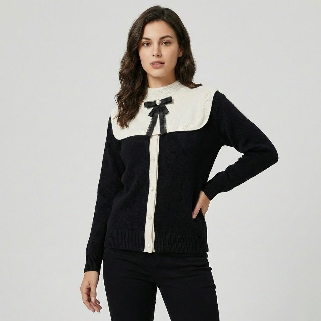 Maglione elegante lavorato a maglia con colletto a contrasto e fiocco decorativo