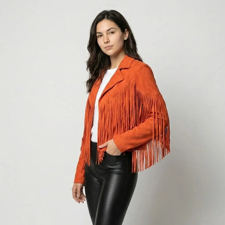 Giacca corta strutturata con aspetto scamosciato e frange in stile boho