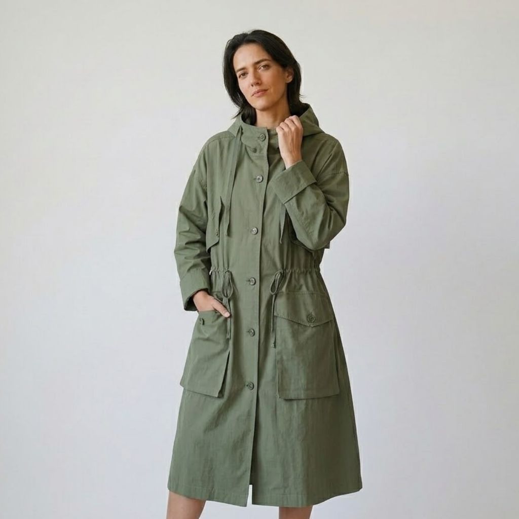 Parka lunga in misto cotone e poliestere con cappuccio regolabile e tasche utili