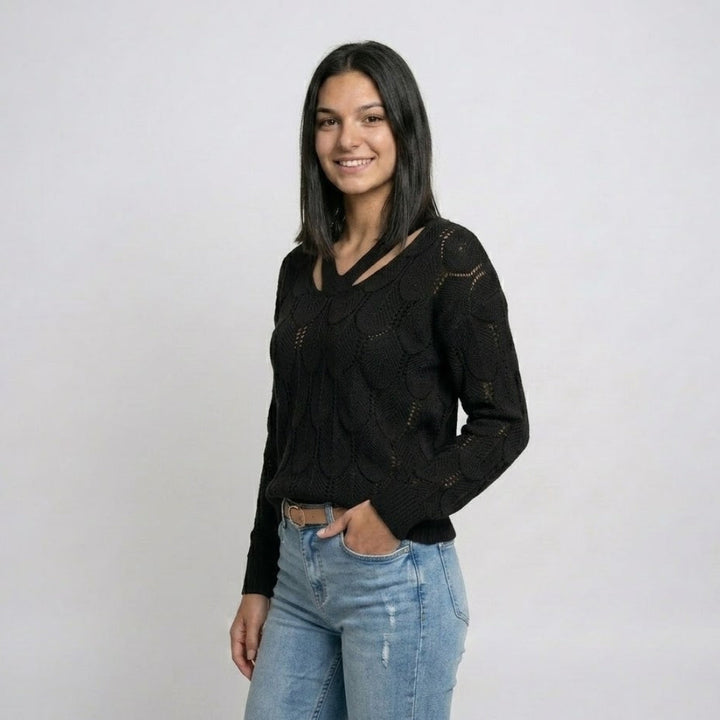 Maglione in misto poliestere ed elastan con scollatura a V