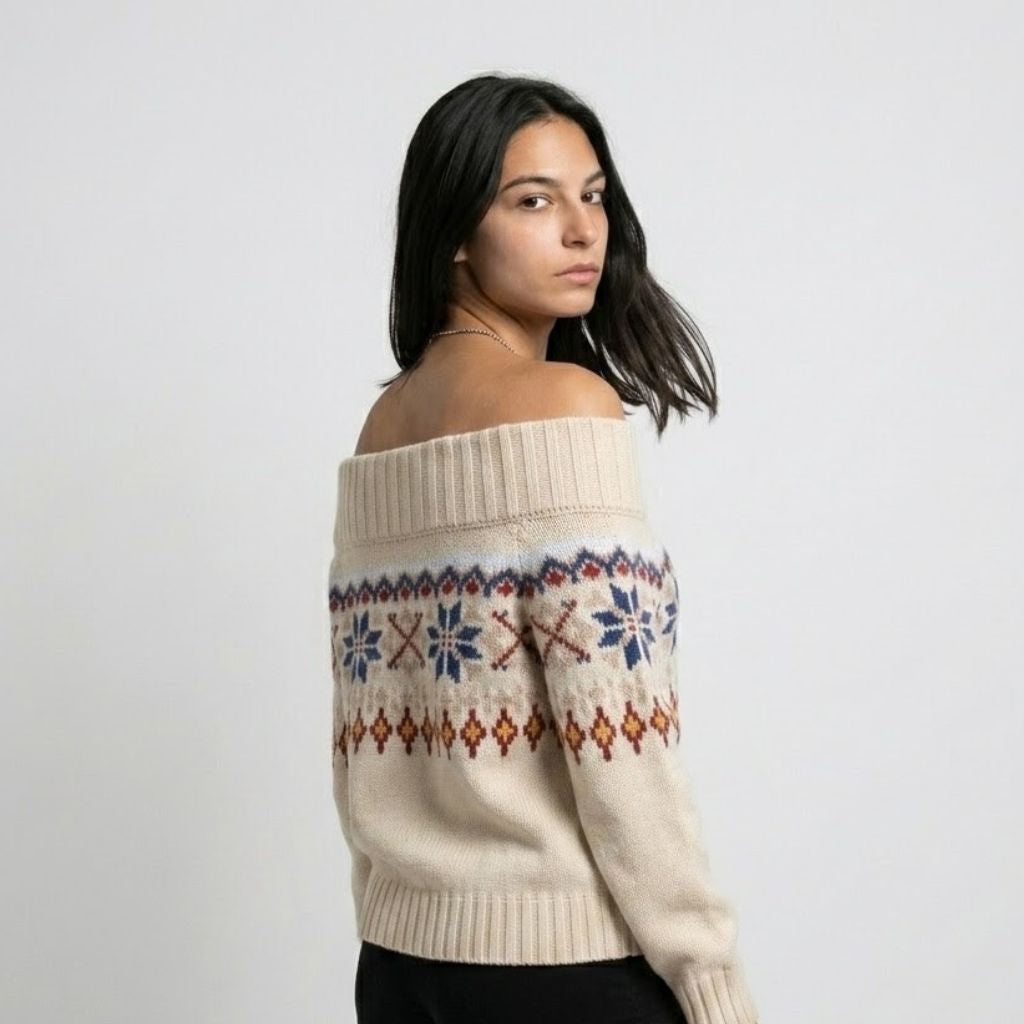 Maglione in misto acrilico e poliestere con spalle scoperte e motivo nordico