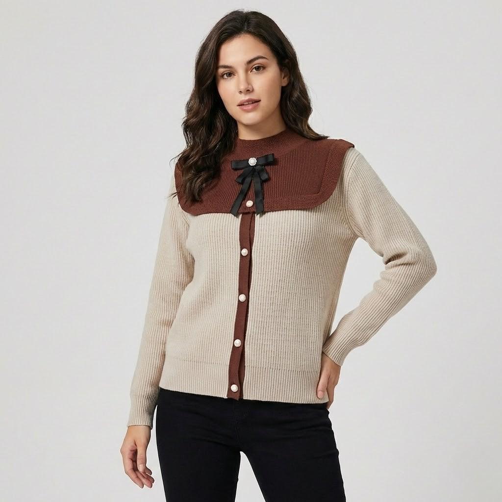 Maglione elegante lavorato a maglia con colletto a contrasto e fiocco decorativo
