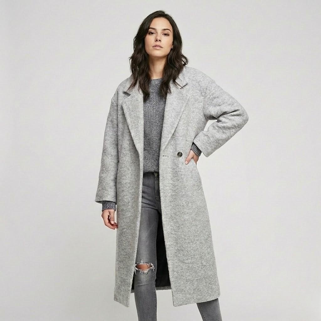 Cappotto lungo in lana dritto con un motivo a quadri evidente