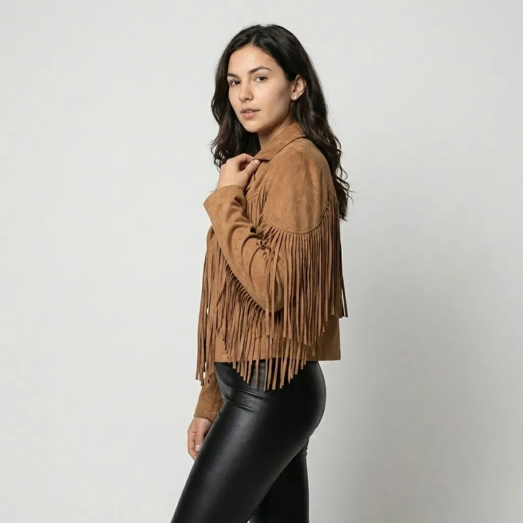 Giacca corta strutturata con aspetto scamosciato e frange in stile boho