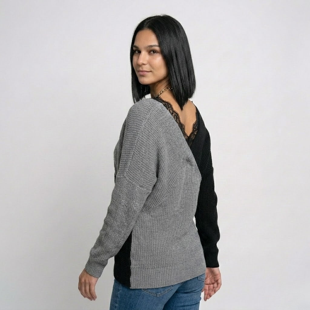 Maglione in misto poliestere ed elastan con taglio fluido e dettaglio in pizzo