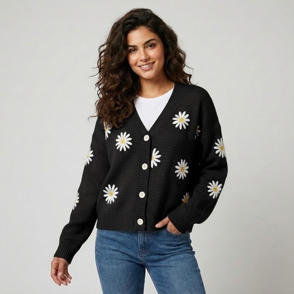 Cardigan lavorato a maglia in misto cotone e acrilico con bottoni e motivo floreale