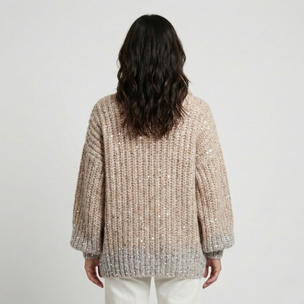 Maglione voluminoso lavorato a maglia con leggero lucido, colletto alto e chiusura frontale