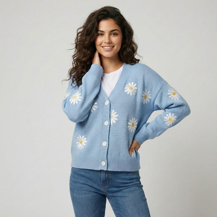 Cardigan lavorato a maglia in misto cotone e acrilico con bottoni e motivo floreale