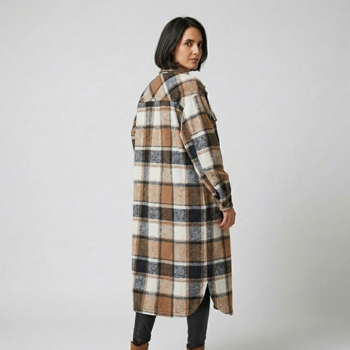 Cappotto lungo in poliestere con un motivo a quadri distintivo
