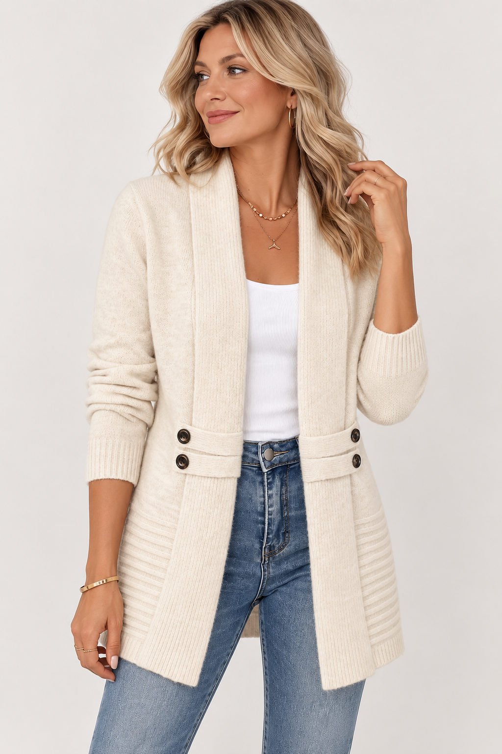 Cardigan lungo in morbido knit con bottoni decorativi