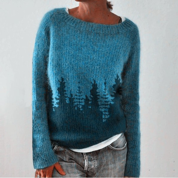 Maglione blu lavorato a maglia con motivo forestale