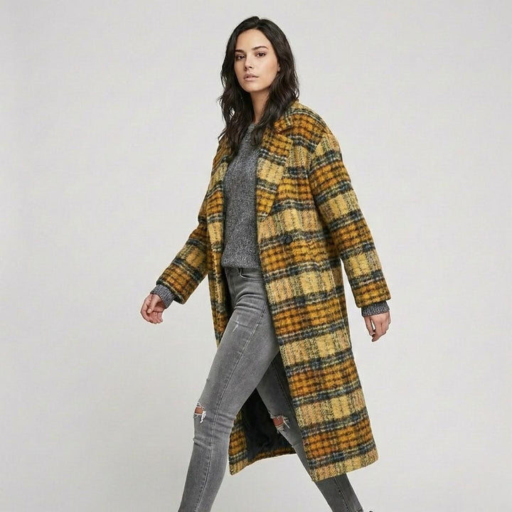 Cappotto lungo in lana dritto con un motivo a quadri marcato