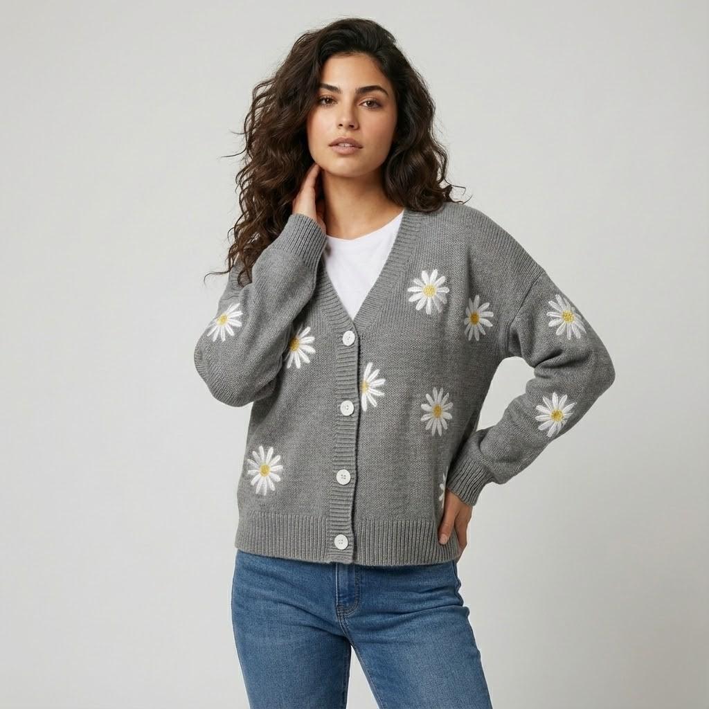 Cardigan lavorato a maglia in misto cotone e acrilico con bottoni e motivo floreale