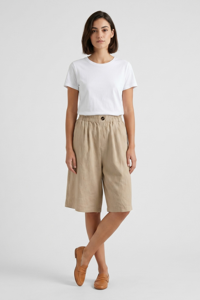 Pantaloni corti larghi fino al ginocchio con cintura elastica e tasche