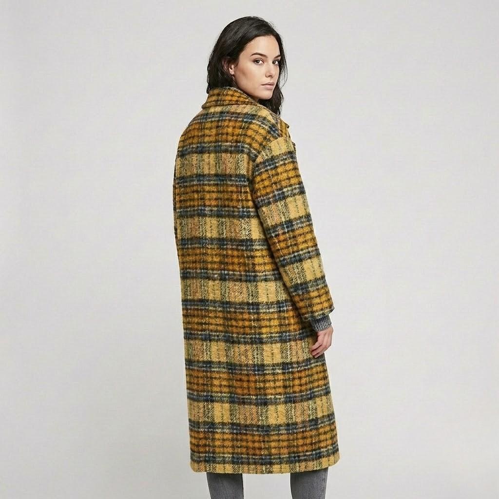 Cappotto lungo in lana dritto con un motivo a quadri marcato