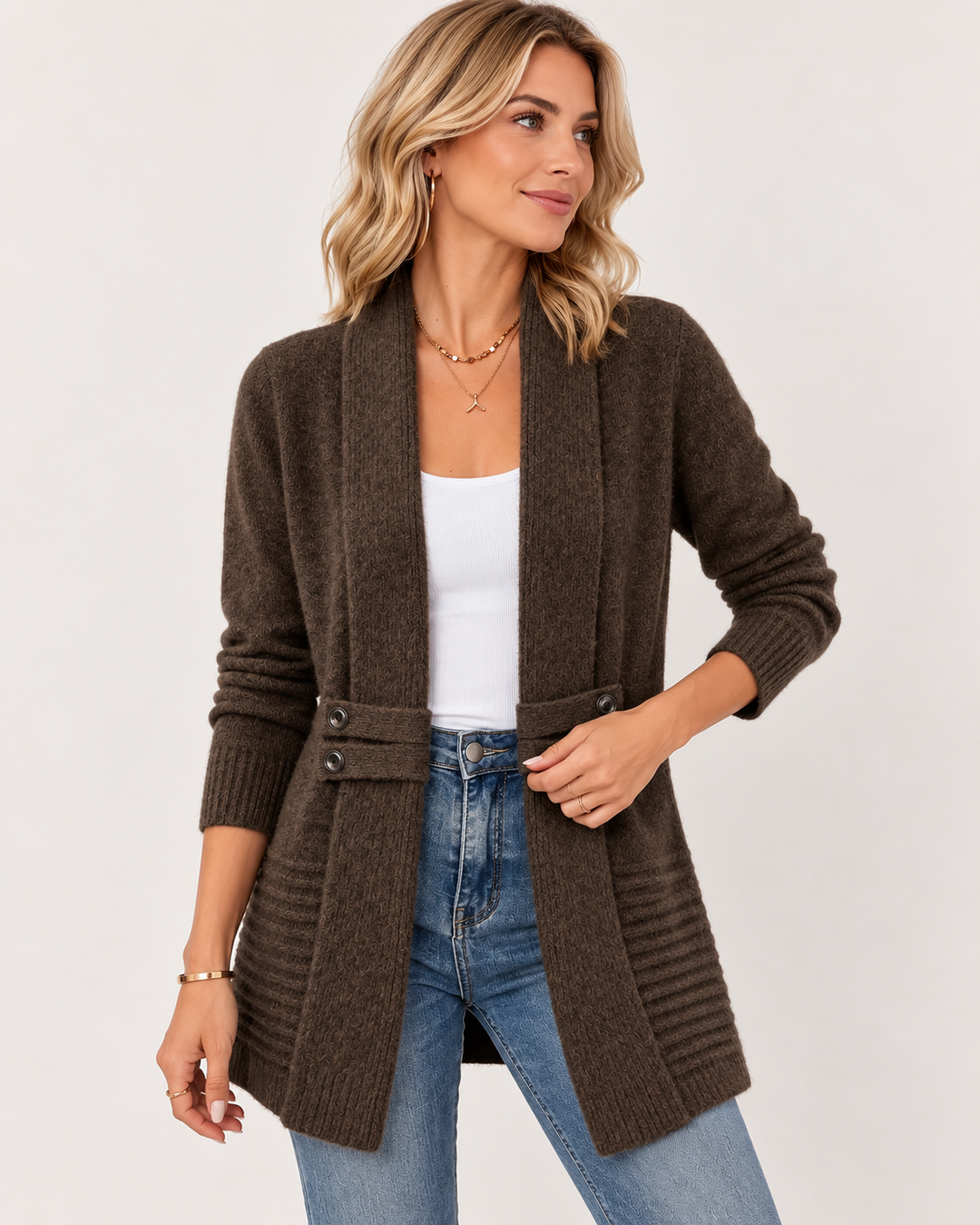 Cardigan lungo in morbido knit con bottoni decorativi