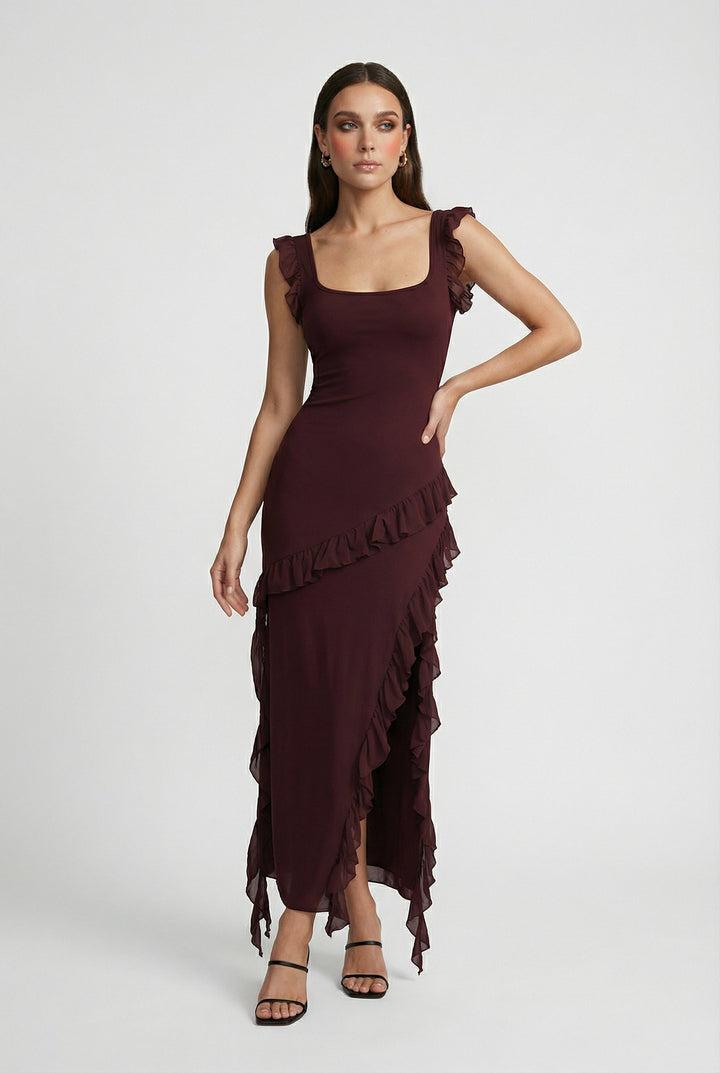 Martina | Abito maxi marrone con schiena scoperta