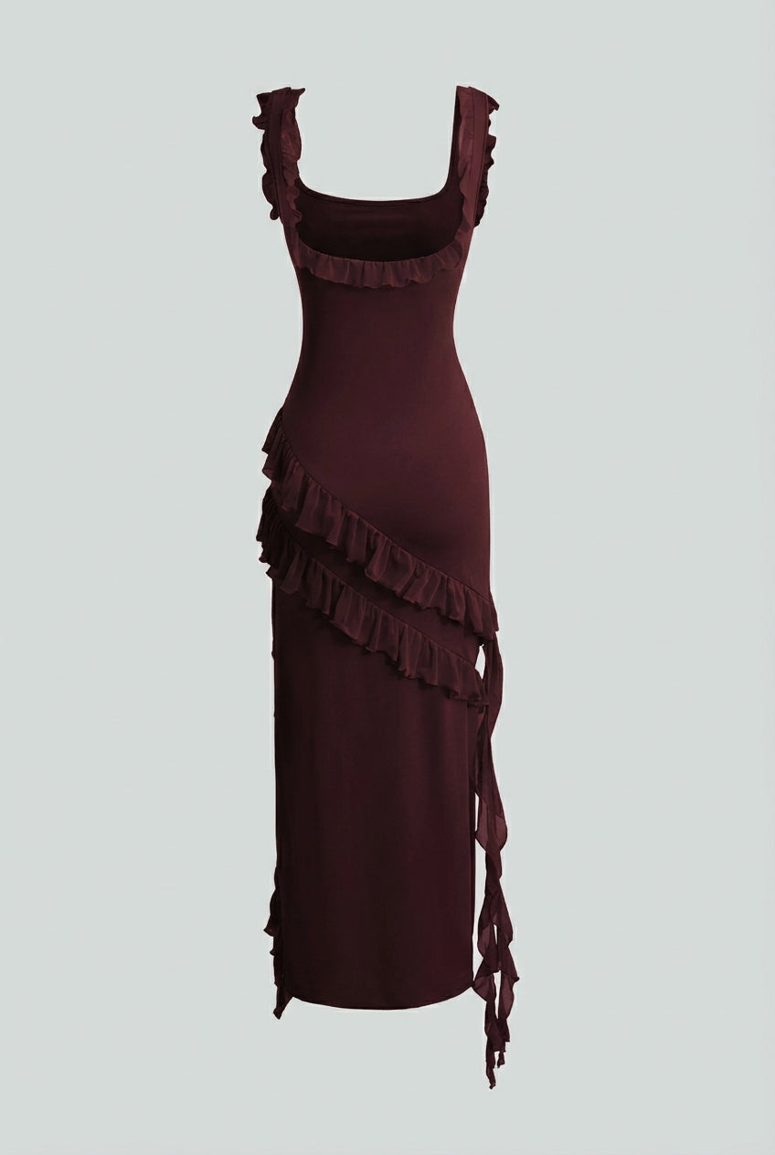 Martina | Abito maxi marrone con schiena scoperta