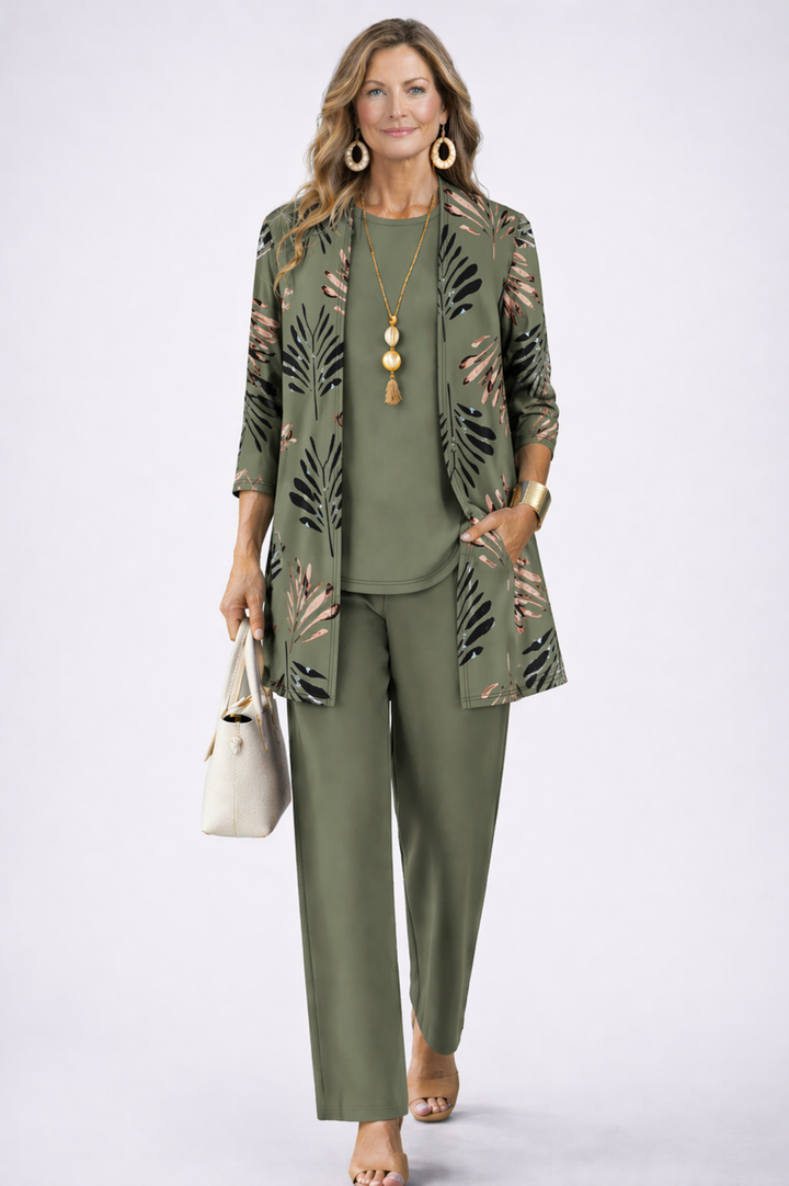 Completo a tre pezzi con top lungo e pantaloni