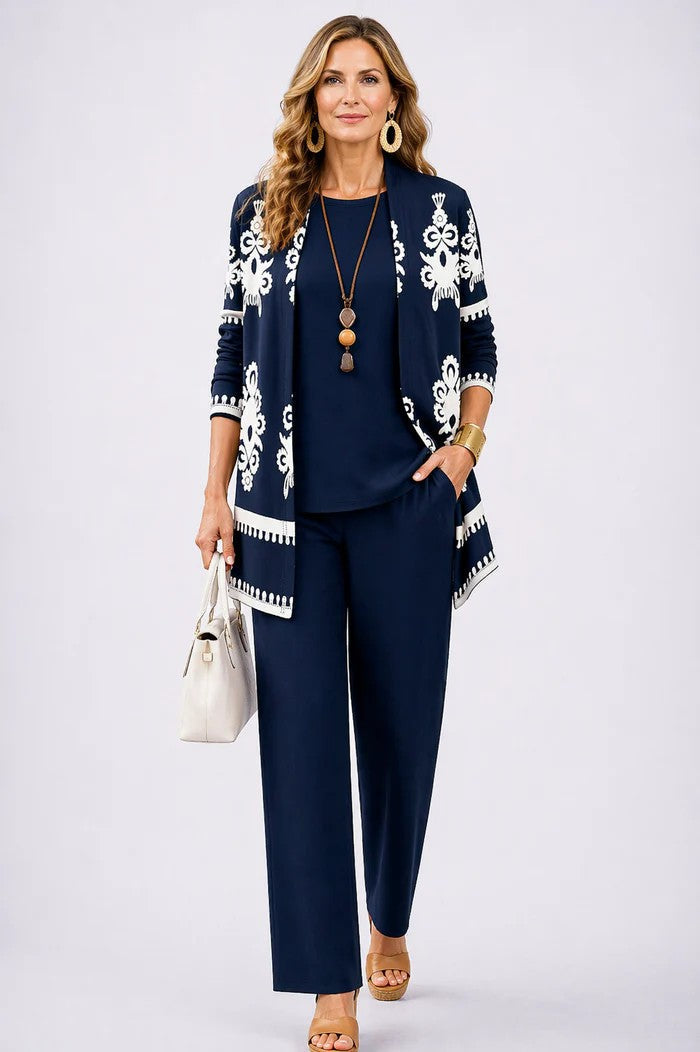 Completo a tre pezzi con top lungo e pantaloni