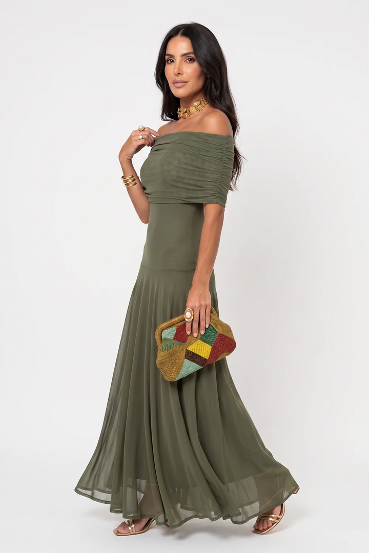 Sofia | Maxi abito con spalle scoperte e drappeggio