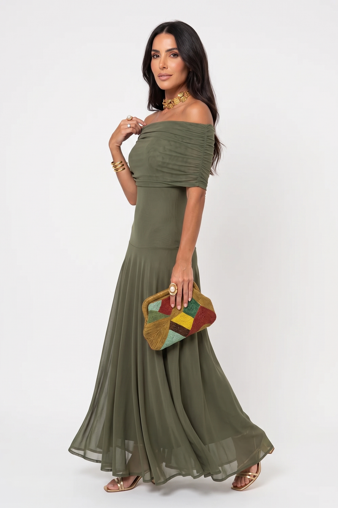 Sofia | Maxi abito con spalle scoperte e drappeggio