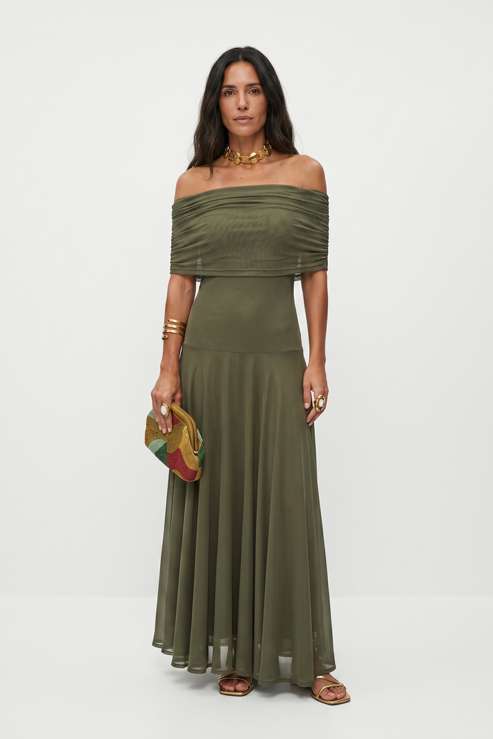 Sofia | Maxi abito con spalle scoperte e drappeggio