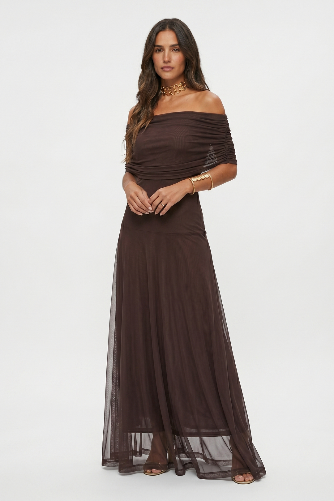 Sofia | Maxi abito con spalle scoperte e drappeggio