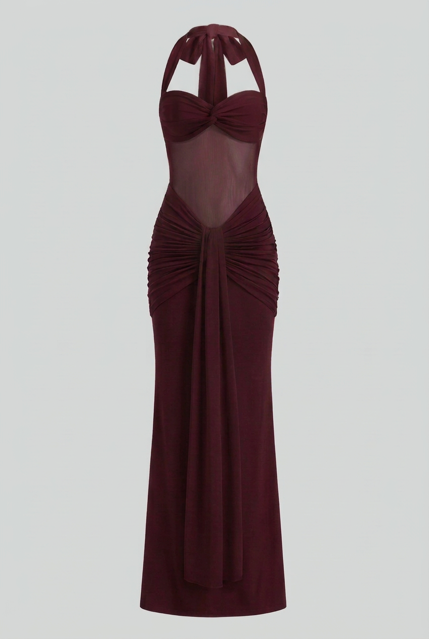 Viktória | Maxi abito bordeaux con scollo