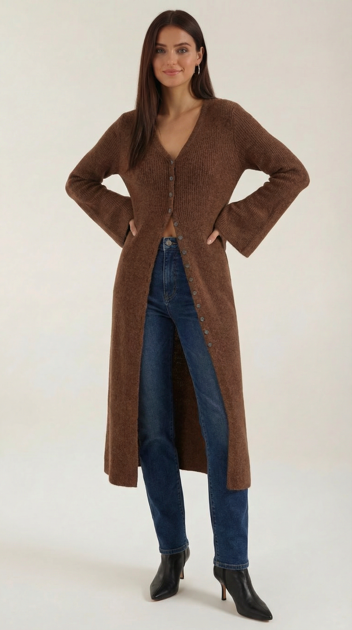 Cardigan lungo a coste con scollatura a V