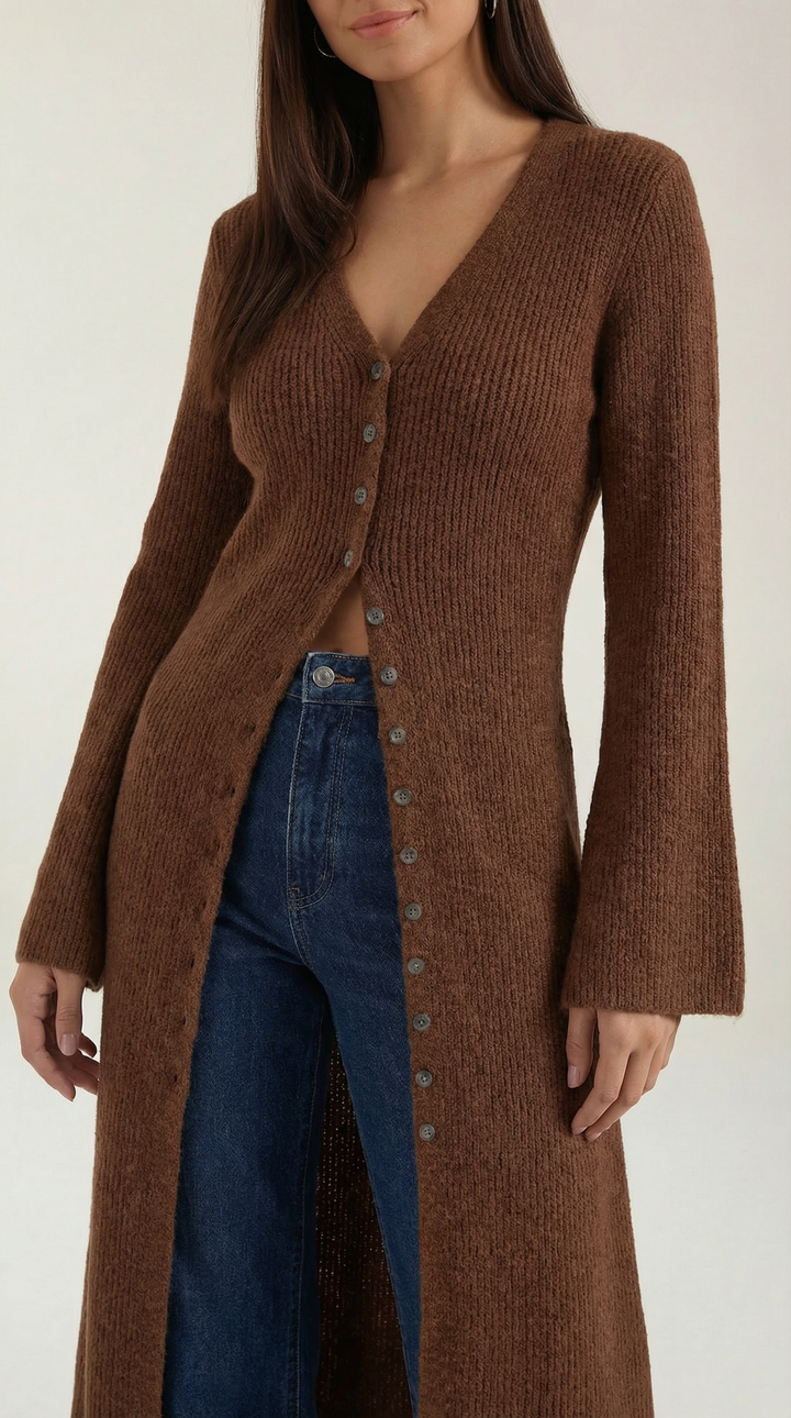 Cardigan lungo a coste con scollatura a V