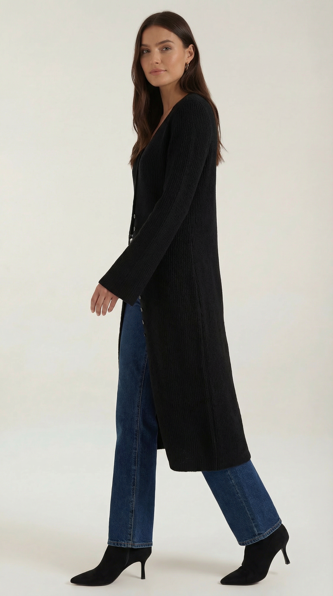 Cardigan lungo a coste con scollatura a V