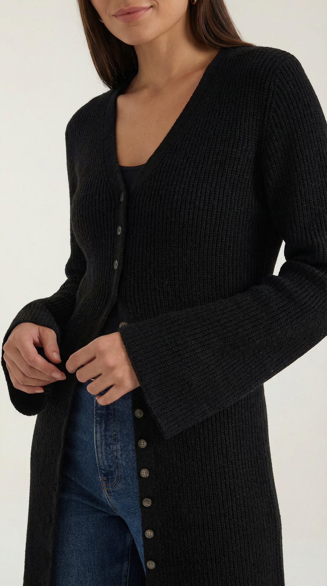 Cardigan lungo a coste con scollatura a V