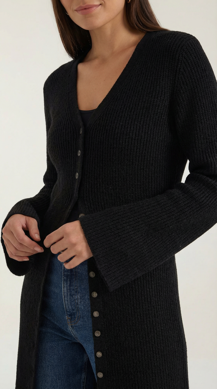 Cardigan lungo a coste con scollatura a V