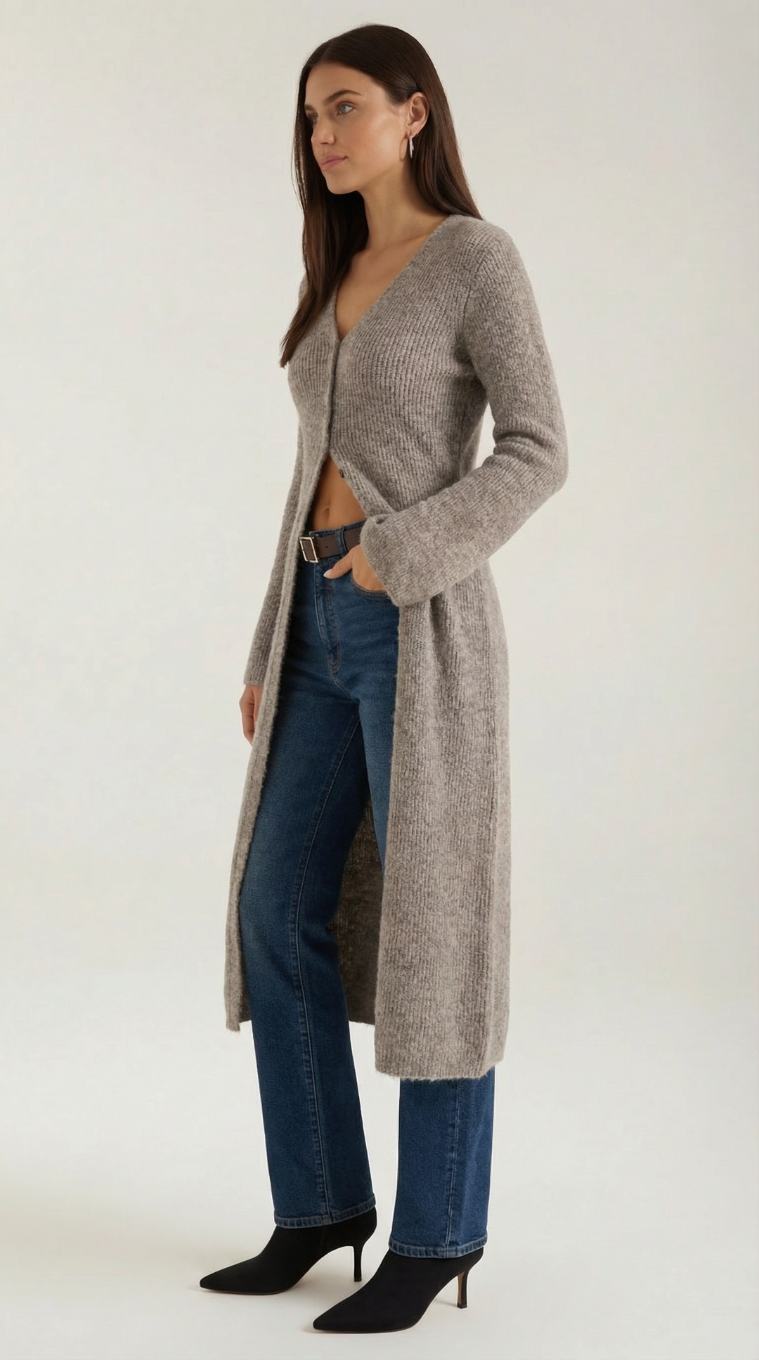 Cardigan lungo a coste con scollatura a V